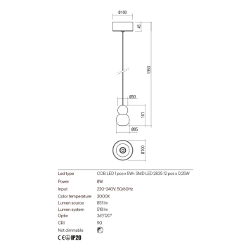 Suspensie de interior Aoba Art. 01-2693, Redo, LED 8W IP20 3000K, Alama Gold