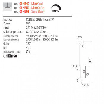 Suspensie Redo Bolla, auriu mat, LED CCT, 8W, 603 lumeni, 2700K/3000K, D.12 cm, 01-4549