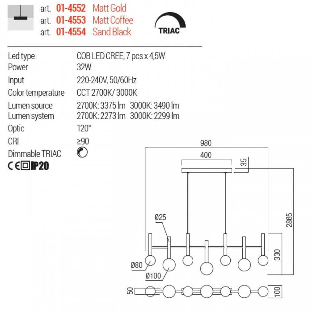Lustra Redo Bolla, cafeniu mat, LED CCT, 32W, 3299 lumeni, 2700K/3000K, L.98 cm, 01-4553