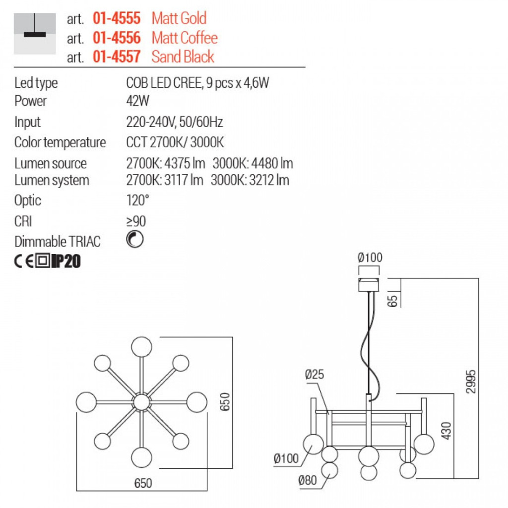 Lustra Redo Bolla, negru mat, LED CCT, 42W, 3212 lumeni, 2700K/3000K, D.65 cm, 01-4557