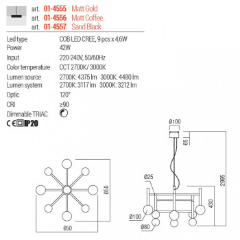 Lustra Redo Bolla, auriu mat, LED CCT, 42W, 3212lumeni, 2700K/3000K, D.65 cm, 01-4555