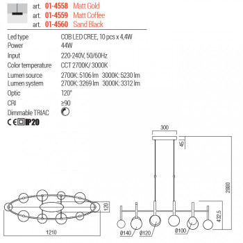Lustra Redo Bolla, negru mat, LED CCT, 44W, 3312 lumeni, 2700K/3000K, L.121 cm, 01-4560