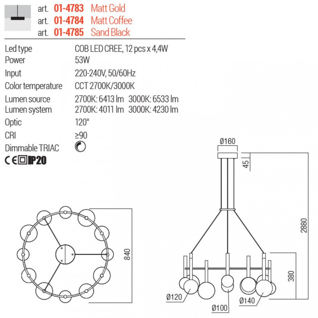 Lustra Redo Bolla, negru mat, LED CCT, 53W, 4230 lumeni, 2700K/3000K, D.84 cm, 01-4785
