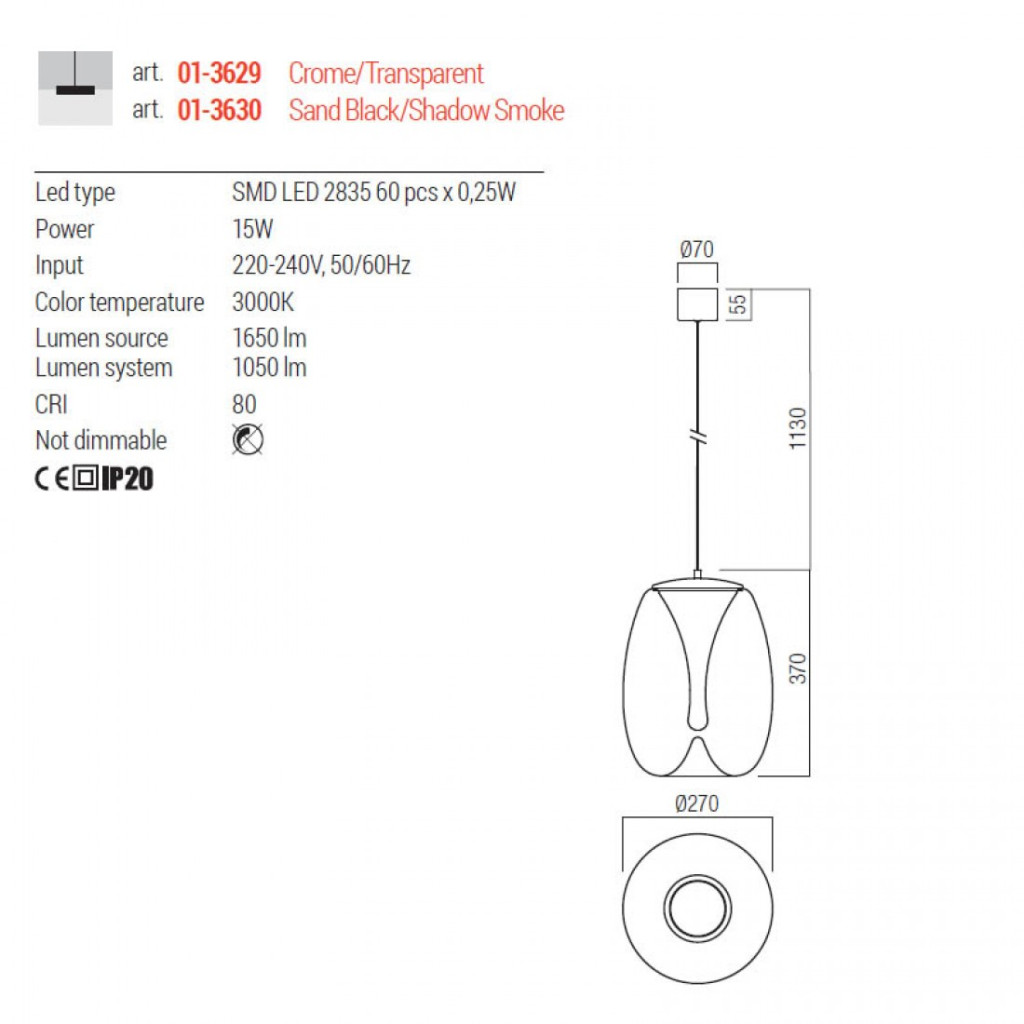 Suspensie Redo Drop, negru, LED, 15W, 1050 lumeni, alb cald 3000K, D.27 cm, 01-3630
