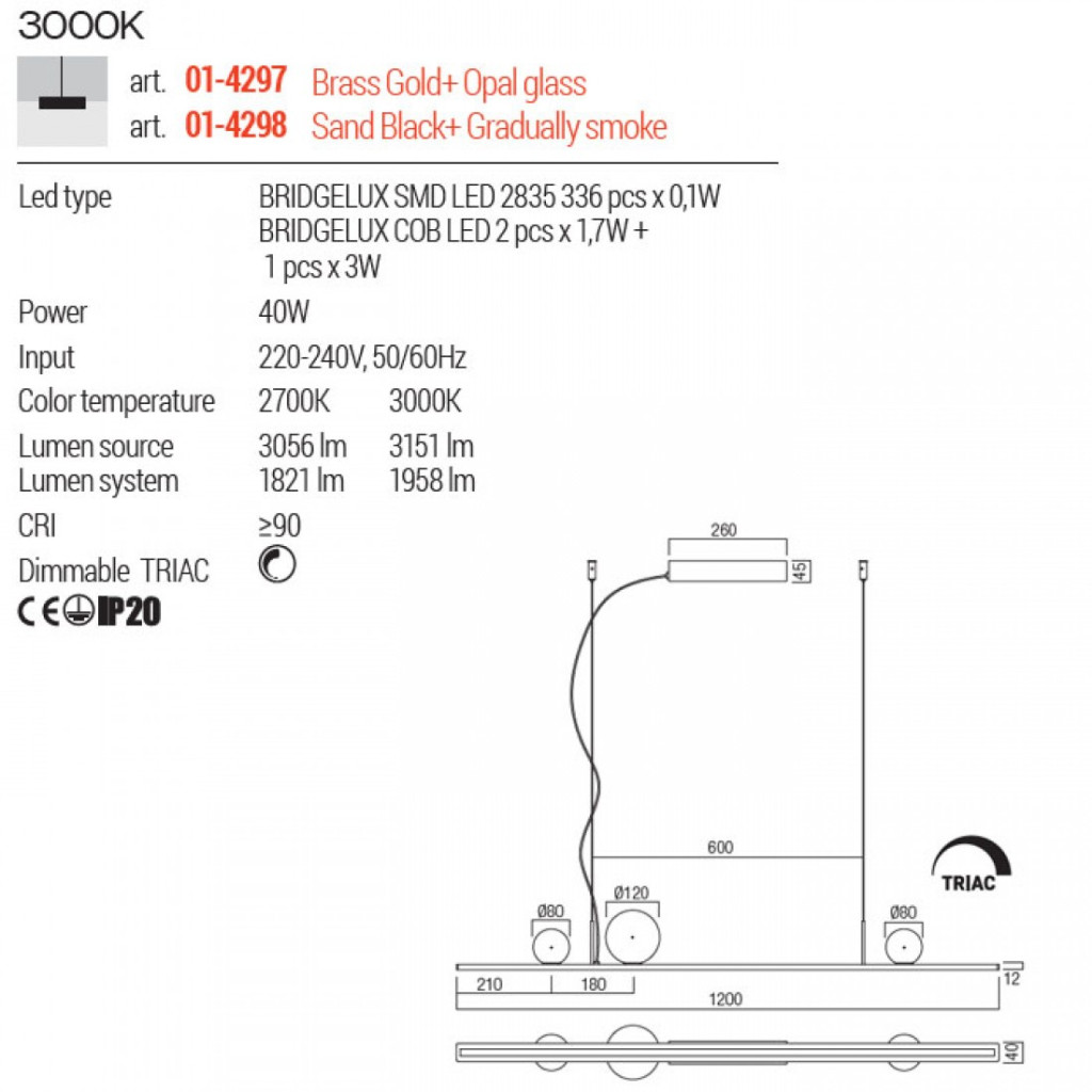Suspensie Redo Dune, alama, LED, 40W, 1958 lumeni, alb cald 3000K, L.120 cm, 01-4297