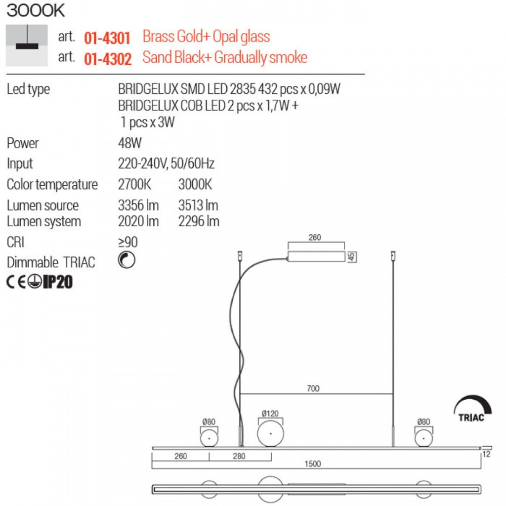 Suspensie Redo Dune, negru mat, LED, 48W, 2296 lumeni, alb cald 3000K, L.150 cm, 01-4302